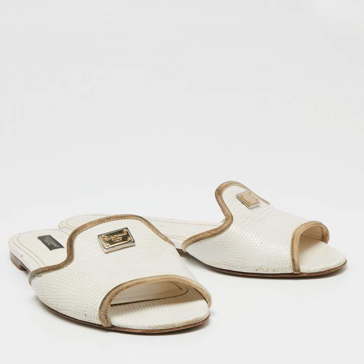 Pre Owned Dolce & Gabbana White Lizard Embossed Leather Flat Slides Size 38