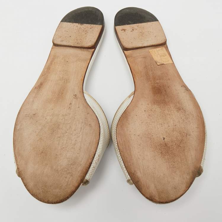 Pre Owned Dolce & Gabbana White Lizard Embossed Leather Flat Slides Size 38