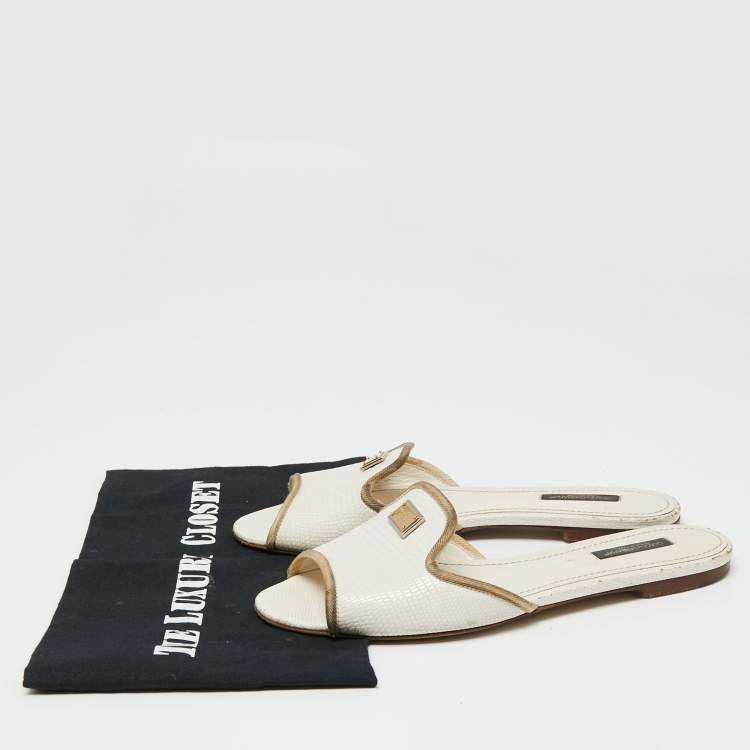 Pre Owned Dolce & Gabbana White Lizard Embossed Leather Flat Slides Size 38