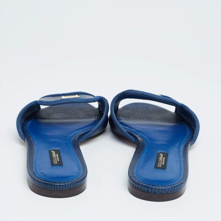 مملوكة مسبقًا Dolce & Gabbana Blue Lizard Embossed Leather Sofia Flat Slides Size 39.5