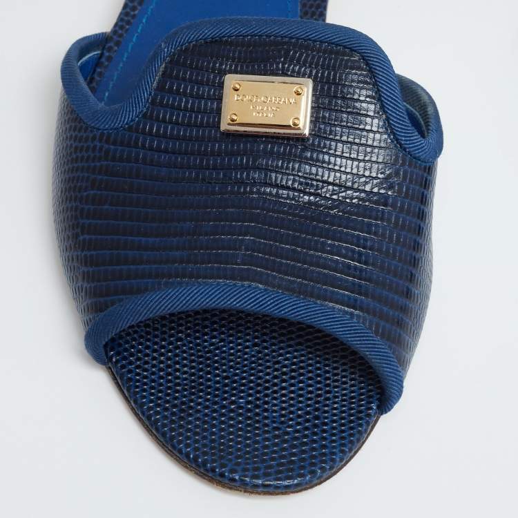 مملوكة مسبقًا Dolce & Gabbana Blue Lizard Embossed Leather Sofia Flat Slides Size 39.5