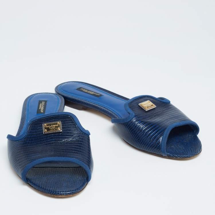 مملوكة مسبقًا Dolce & Gabbana Blue Lizard Embossed Leather Sofia Flat Slides Size 39.5