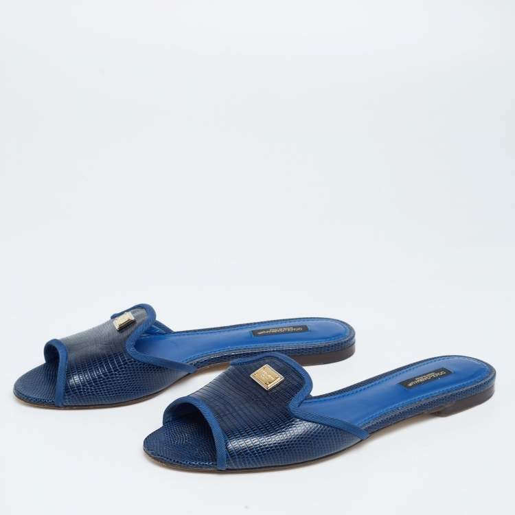 مملوكة مسبقًا Dolce & Gabbana Blue Lizard Embossed Leather Sofia Flat Slides Size 39.5