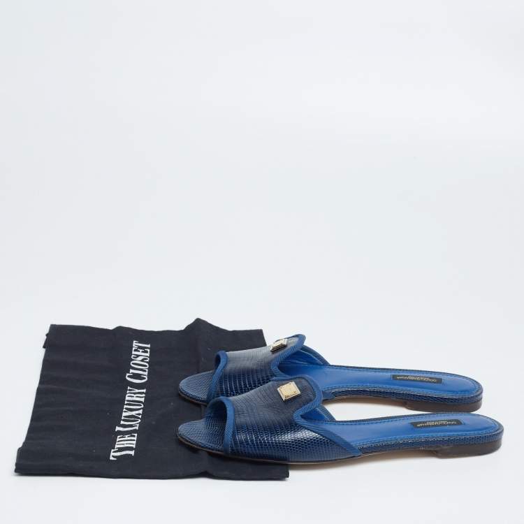 مملوكة مسبقًا Dolce & Gabbana Blue Lizard Embossed Leather Sofia Flat Slides Size 39.5