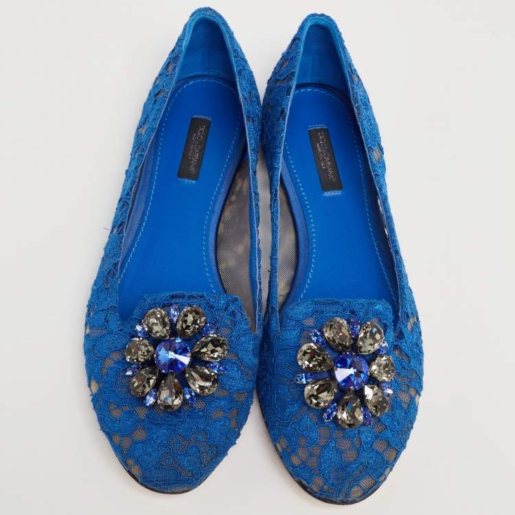 Pre Owned Dolce & Gabbana Royal Blue Lace Taormina Ballet Flats Size 39.5