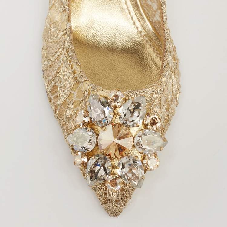 Pre Owned Dolce & Gabbana Gold Lace Bellucci Pumps Size 37