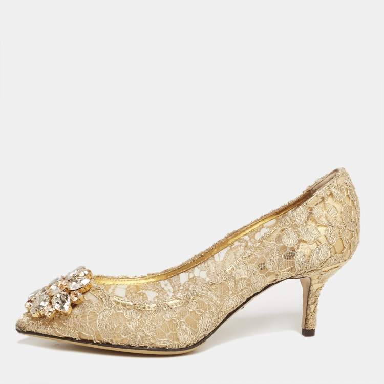 Pre Owned Dolce & Gabbana Gold Lace Bellucci Pumps Size 37