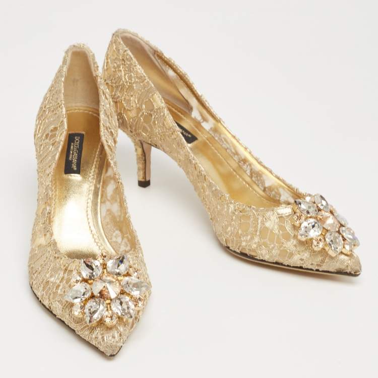 Pre Owned Dolce & Gabbana Gold Lace Bellucci Pumps Size 37