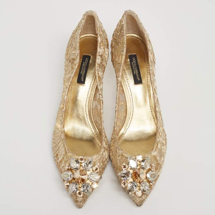 Pre Owned Dolce & Gabbana Gold Lace Bellucci Pumps Size 37