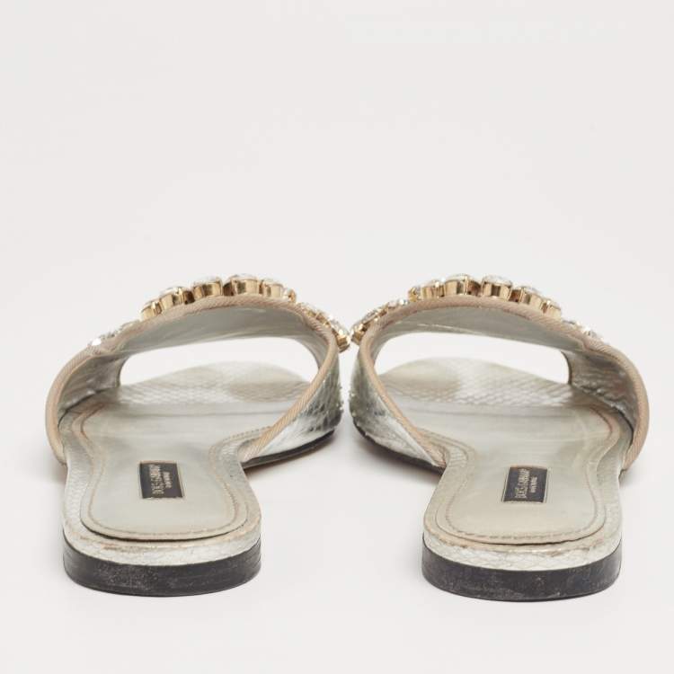 Pre Owned Dolce & Gabbana Silver Crystal Embellished Snakeskin Embossed Leather Bianca Flat Sandals Size 37