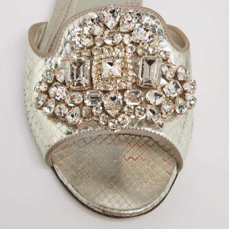 Pre Owned Dolce & Gabbana Silver Crystal Embellished Snakeskin Embossed Leather Bianca Flat Sandals Size 37