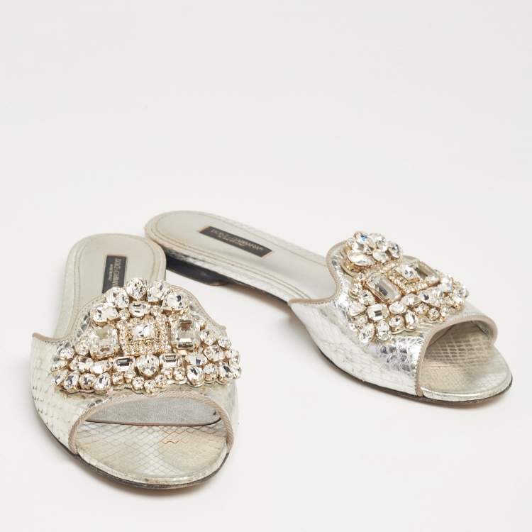 Pre Owned Dolce & Gabbana Silver Crystal Embellished Snakeskin Embossed Leather Bianca Flat Sandals Size 37