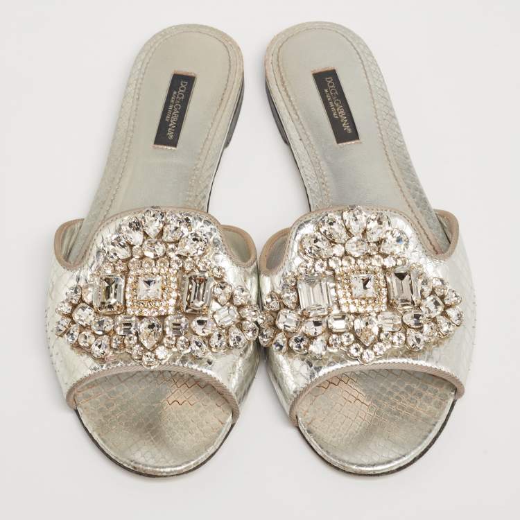Pre Owned Dolce & Gabbana Silver Crystal Embellished Snakeskin Embossed Leather Bianca Flat Sandals Size 37