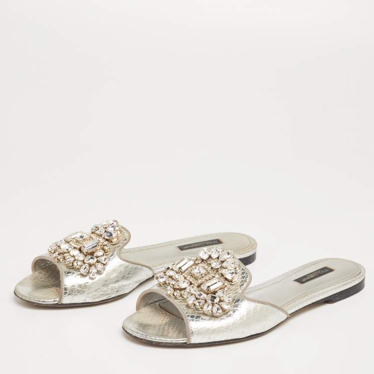 Pre Owned Dolce & Gabbana Silver Crystal Embellished Snakeskin Embossed Leather Bianca Flat Sandals Size 37