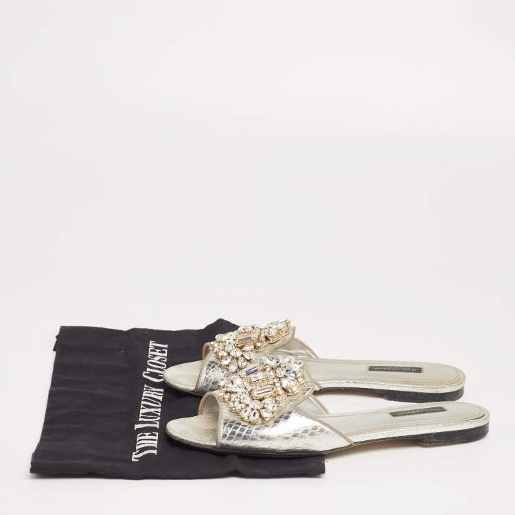 Pre Owned Dolce & Gabbana Silver Crystal Embellished Snakeskin Embossed Leather Bianca Flat Sandals Size 37