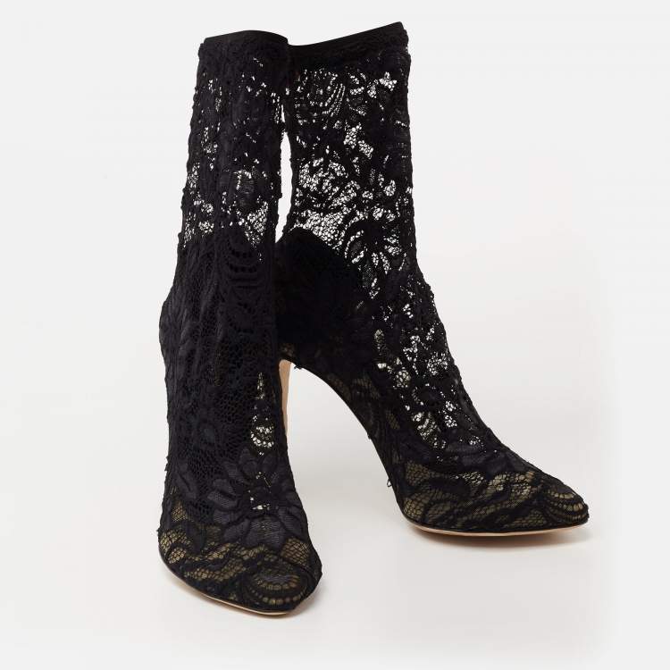 Pre Owned Dolce & Gabbana Navy Blue Lace and Mesh Stretch Booties Size 38.5