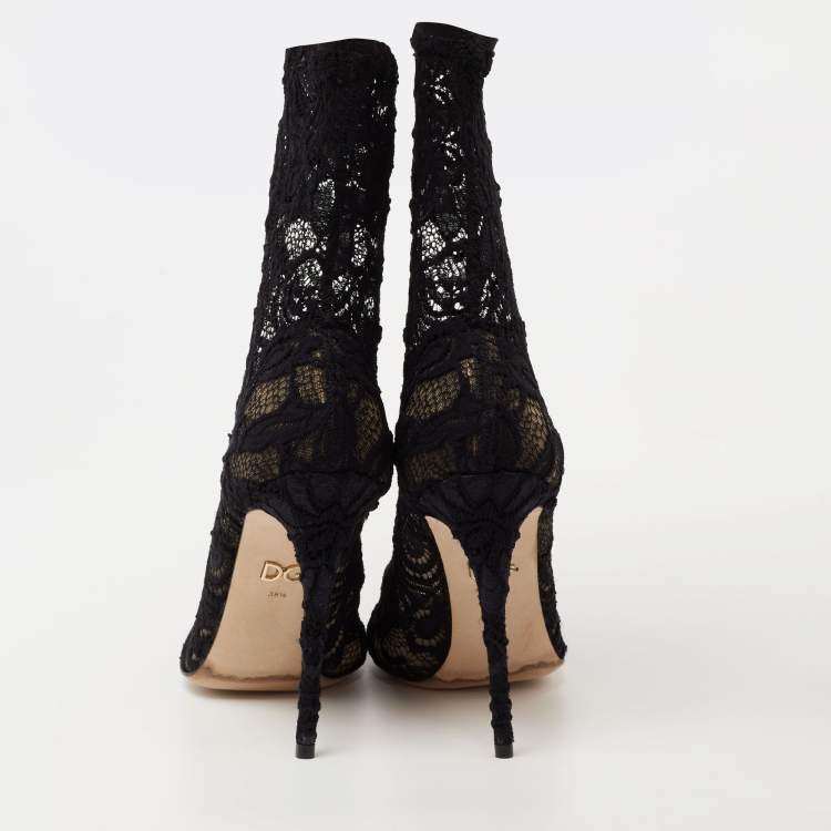 Pre Owned Dolce & Gabbana Navy Blue Lace and Mesh Stretch Booties Size 38.5