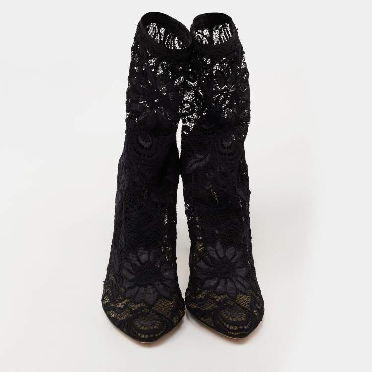 Pre Owned Dolce & Gabbana Navy Blue Lace and Mesh Stretch Booties Size 38.5