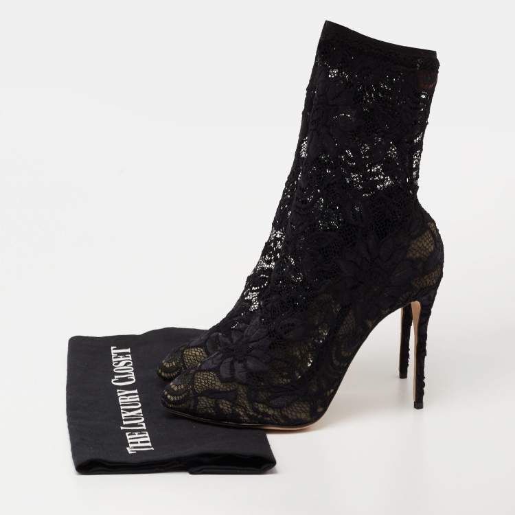 Pre Owned Dolce & Gabbana Navy Blue Lace and Mesh Stretch Booties Size 38.5