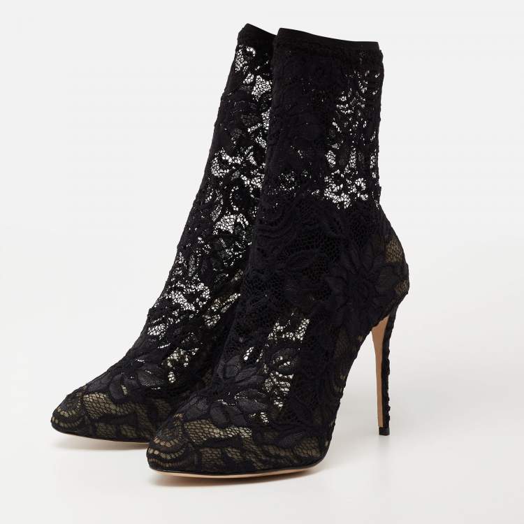 Pre Owned Dolce & Gabbana Navy Blue Lace and Mesh Stretch Booties Size 38.5