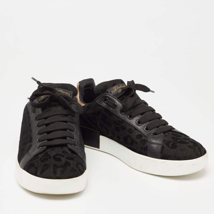 Pre Owned Dolce & Gabbana Black Lurex Fabric And Leather Logo Trainers Sneakers Size 38