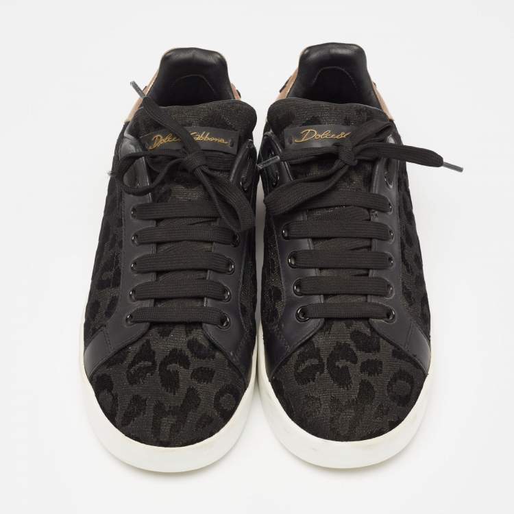 Pre Owned Dolce & Gabbana Black Lurex Fabric And Leather Logo Trainers Sneakers Size 38