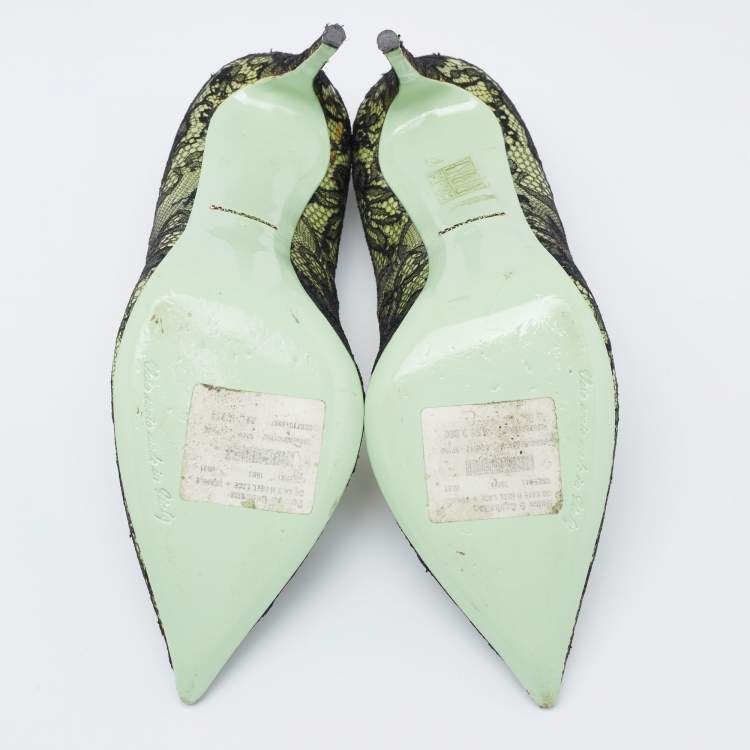 Pre Owned Dolce & Gabbana Black/Green Patent And Lace Pointed Toe Pumps Size 41