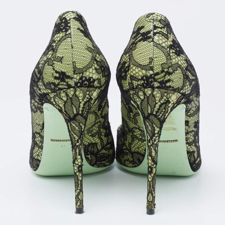Pre Owned Dolce & Gabbana Black/Green Patent And Lace Pointed Toe Pumps Size 41