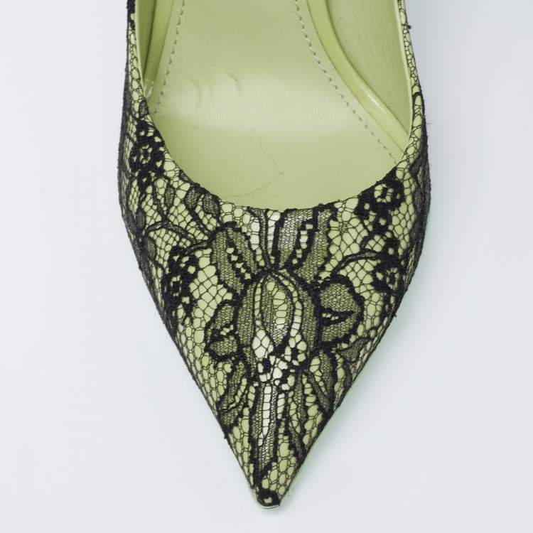 Pre Owned Dolce & Gabbana Black/Green Patent And Lace Pointed Toe Pumps Size 41