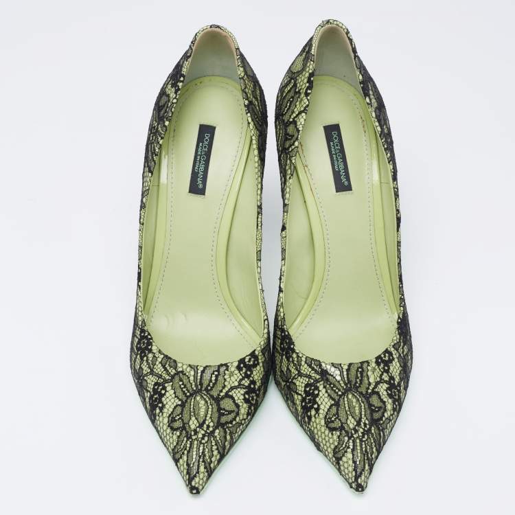 Pre Owned Dolce & Gabbana Black/Green Patent And Lace Pointed Toe Pumps Size 41