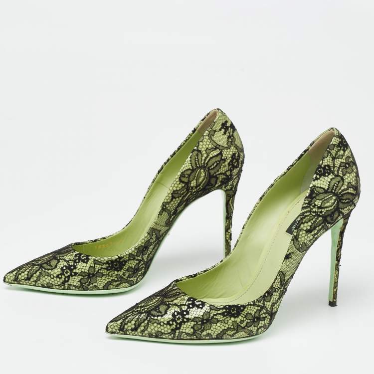 Pre Owned Dolce & Gabbana Black/Green Patent And Lace Pointed Toe Pumps Size 41
