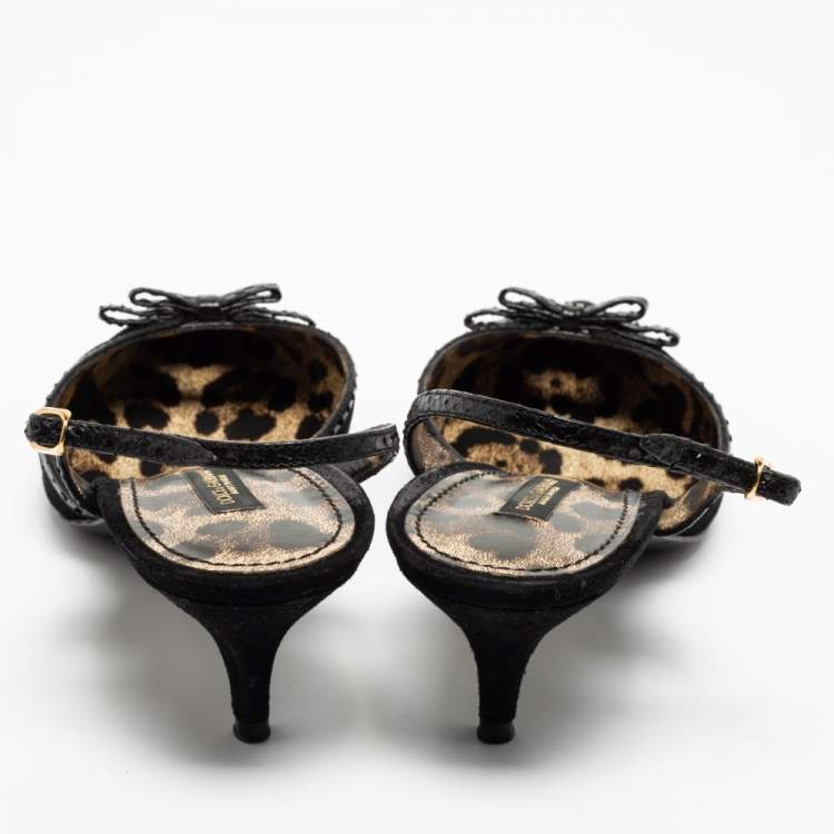 Pre Owned Dolce & Gabbana Black Suede And Python Bow Slingback Sandals Size 40