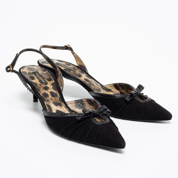Pre Owned Dolce & Gabbana Black Suede And Python Bow Slingback Sandals Size 40