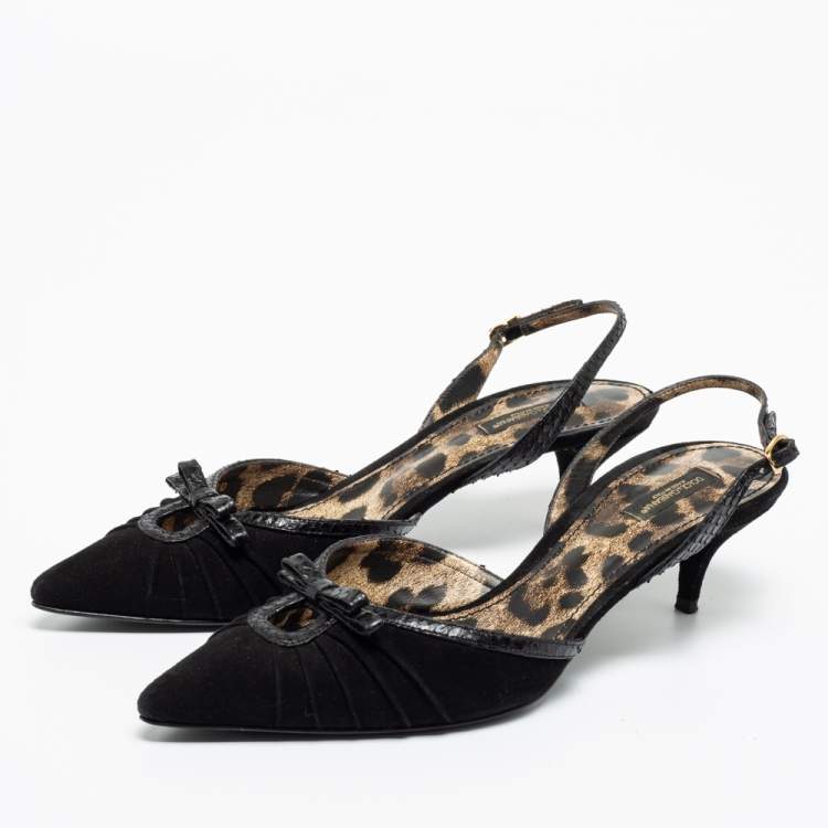 Pre Owned Dolce & Gabbana Black Suede And Python Bow Slingback Sandals Size 40
