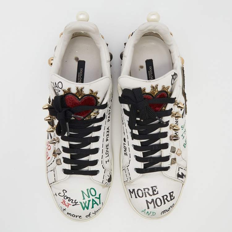 Pre Owned Dolce & Gabbana White Leather Love Graffiti Printed Low Top Sneakers Size 39
