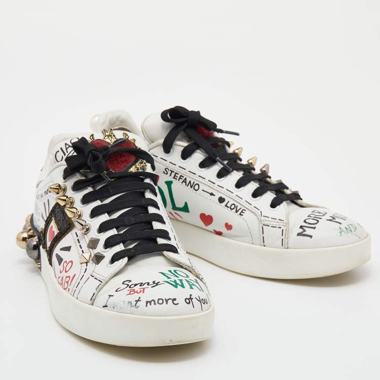 Pre Owned Dolce & Gabbana White Leather Love Graffiti Printed Low Top Sneakers Size 39