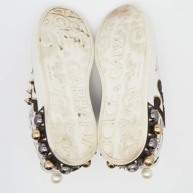 Pre Owned Dolce & Gabbana White Leather Love Graffiti Printed Low Top Sneakers Size 39