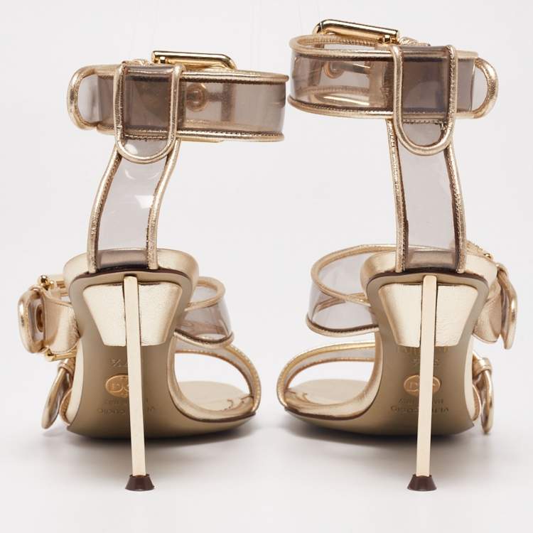 Pre Owned Dolce & Gabbana Metallic Gold Leather And PVC Ankle Cuff Sandals Size 37.5