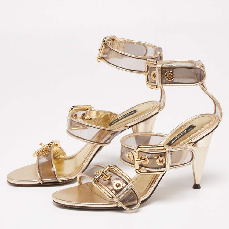 Pre Owned Dolce & Gabbana Metallic Gold Leather And PVC Ankle Cuff Sandals Size 37.5