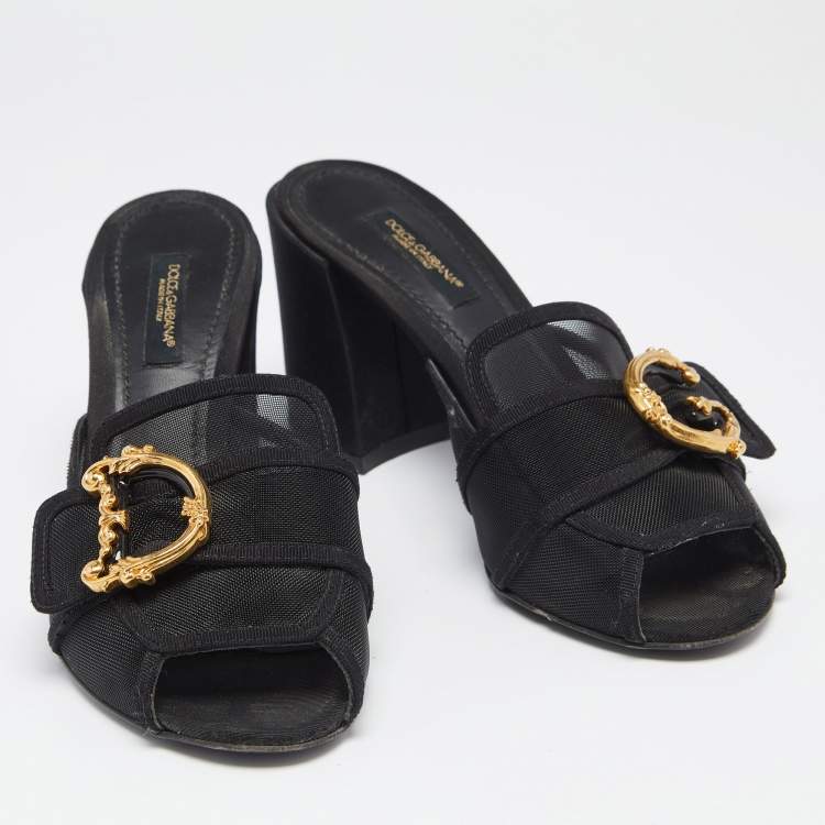 Pre Owned Dolce & Gabbana Black Mesh DG Buckles  Sandals Size 37