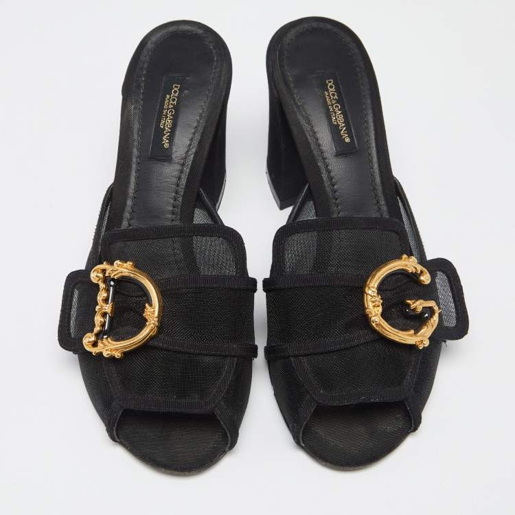 Pre Owned Dolce & Gabbana Black Mesh DG Buckles  Sandals Size 37