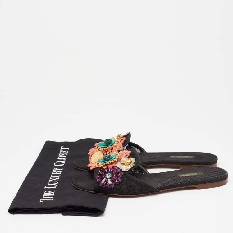 Pre Owned Dolce & Gabbana Black Lace Crystal Flower Embellished Flat Slides Size 38