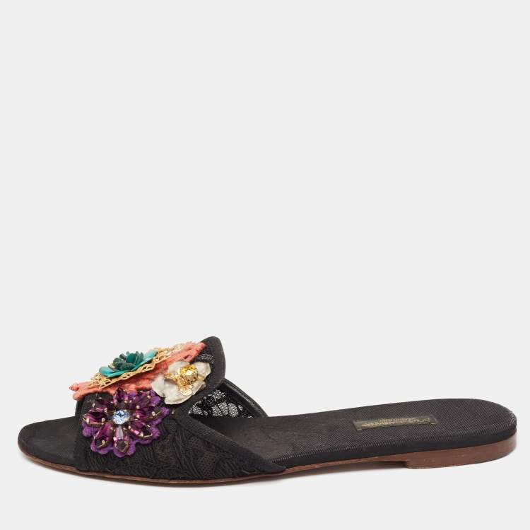 Pre Owned Dolce & Gabbana Black Lace Crystal Flower Embellished Flat Slides Size 38