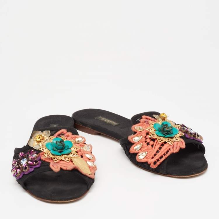 Pre Owned Dolce & Gabbana Black Lace Crystal Flower Embellished Flat Slides Size 38