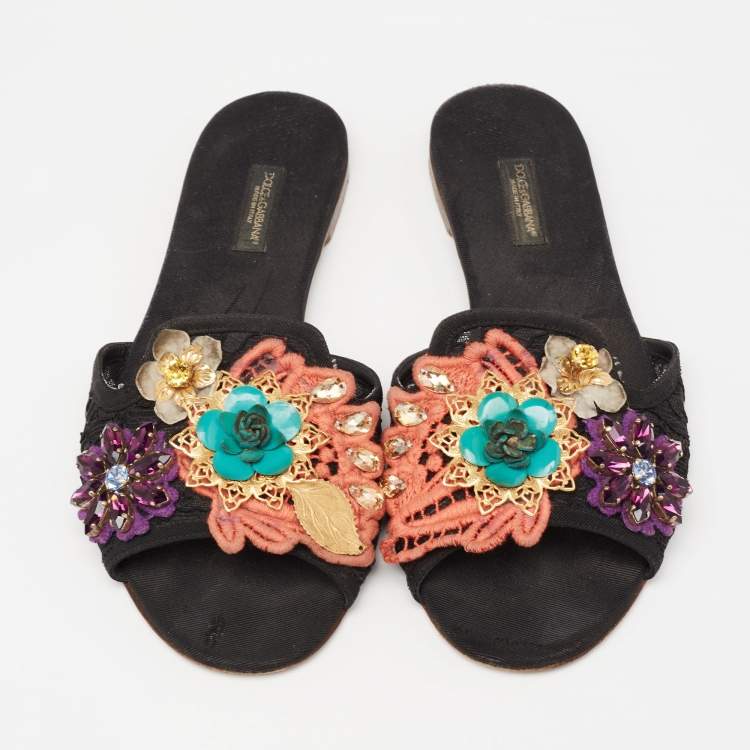 Pre Owned Dolce & Gabbana Black Lace Crystal Flower Embellished Flat Slides Size 38