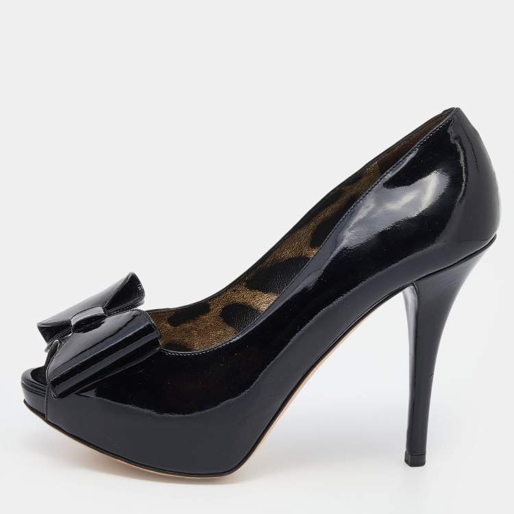 Pre Owned Dolce & Gabbana Black Patent Leather Bow Peep Toe Platform Pumps Size 39