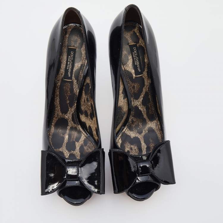 Pre Owned Dolce & Gabbana Black Patent Leather Bow Peep Toe Platform Pumps Size 39