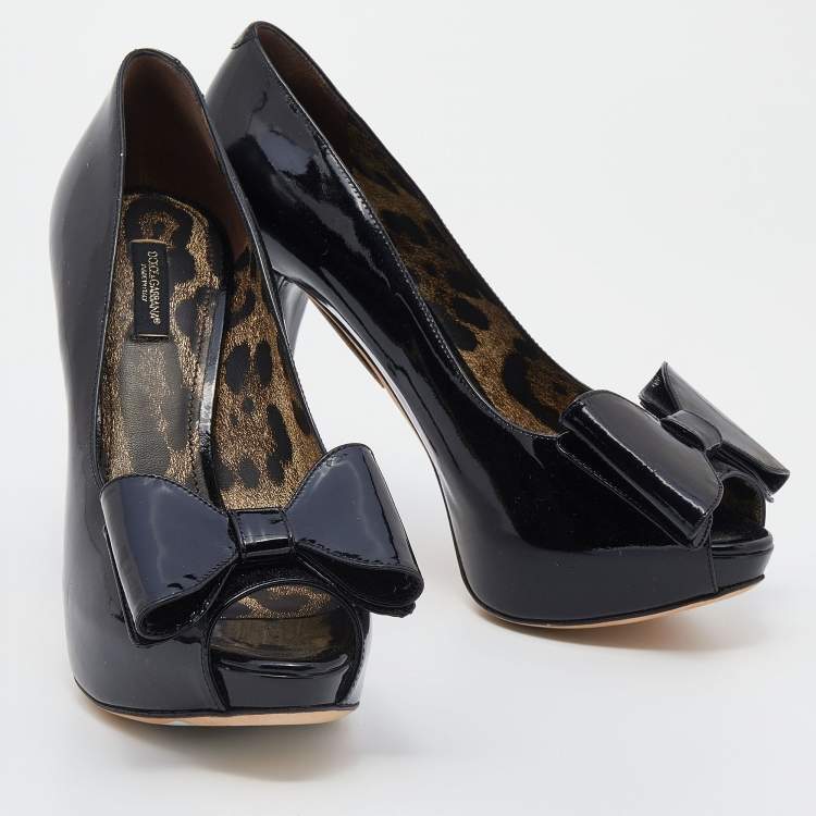 Pre Owned Dolce & Gabbana Black Patent Leather Bow Peep Toe Platform Pumps Size 39