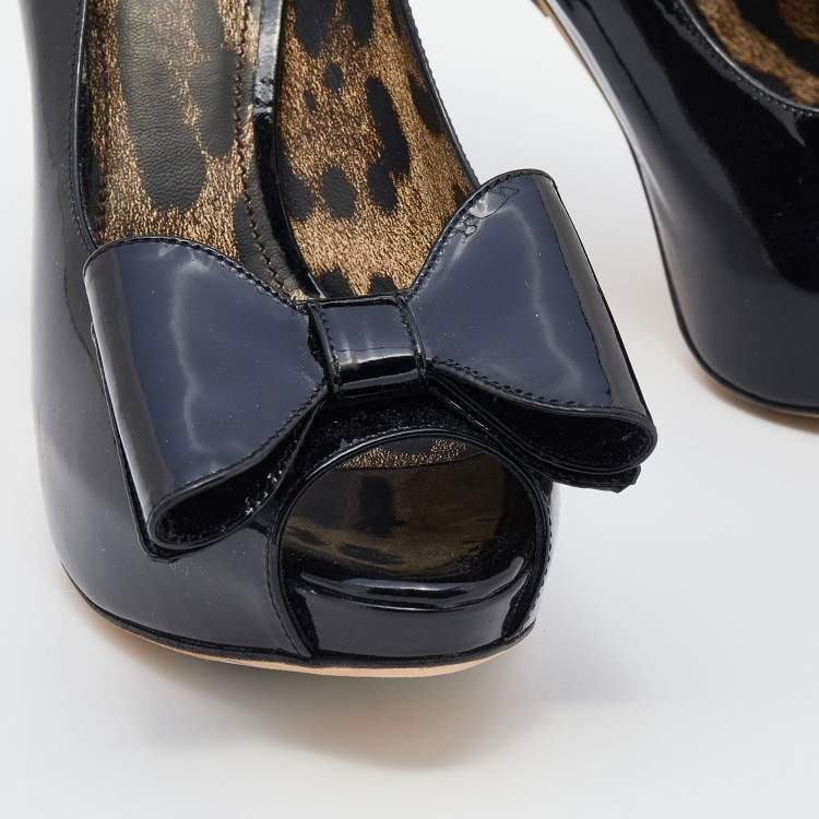 Pre Owned Dolce & Gabbana Black Patent Leather Bow Peep Toe Platform Pumps Size 39
