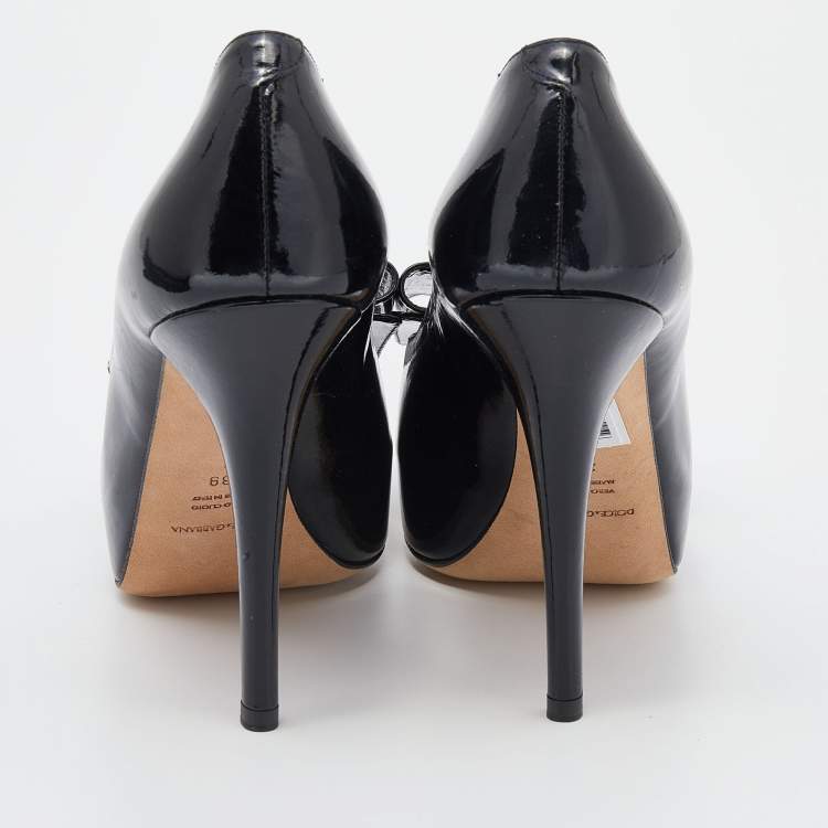 Pre Owned Dolce & Gabbana Black Patent Leather Bow Peep Toe Platform Pumps Size 39